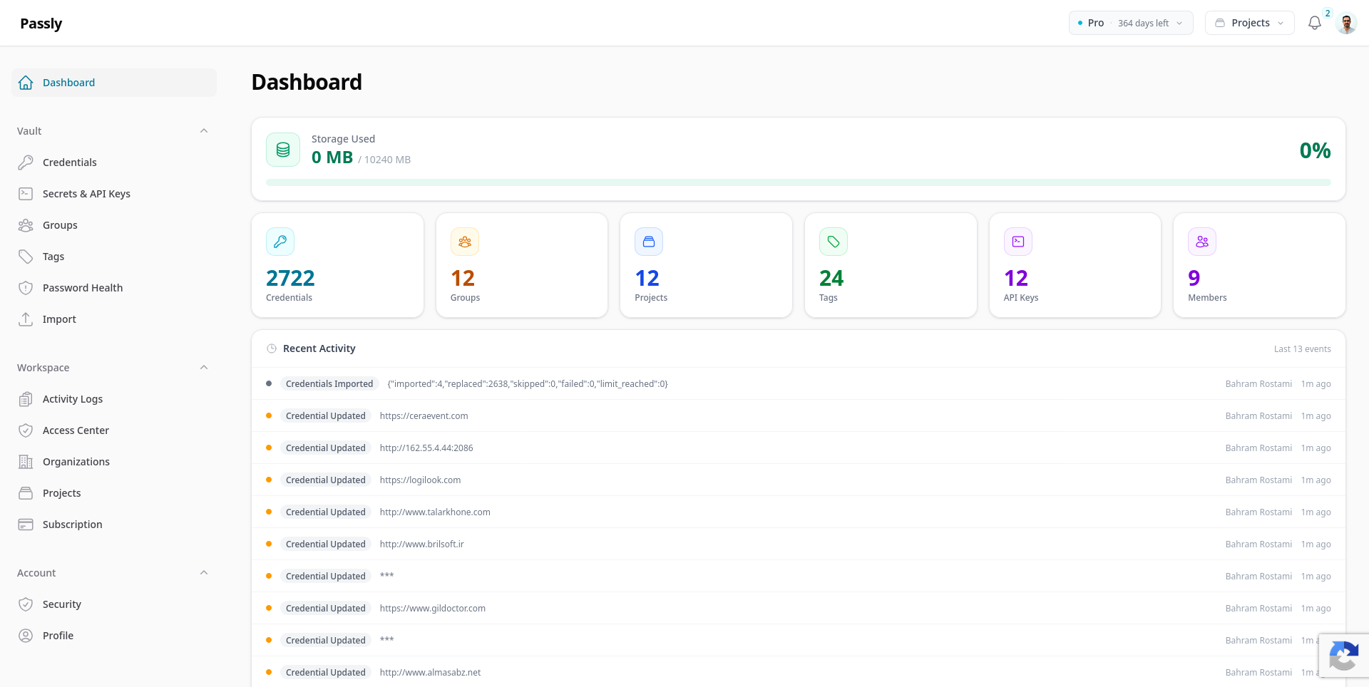 Passly dashboard showing vault storage, credentials, groups, projects, tags, and members.