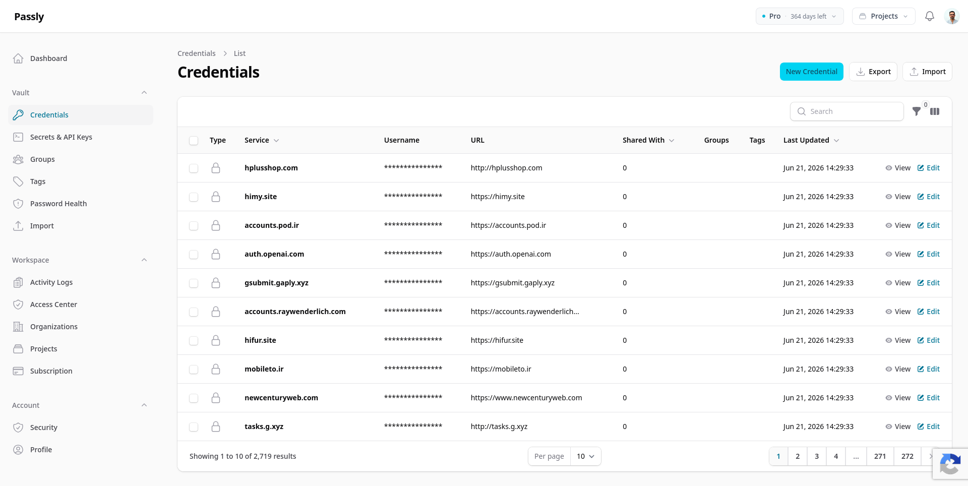 Credentials table with secure vault records and project navigation.