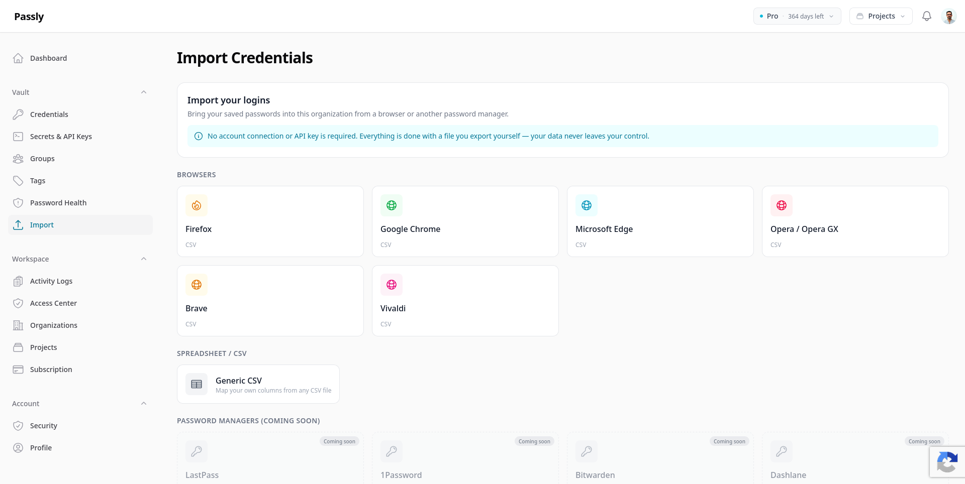 Project management screen for organizing team vaults.