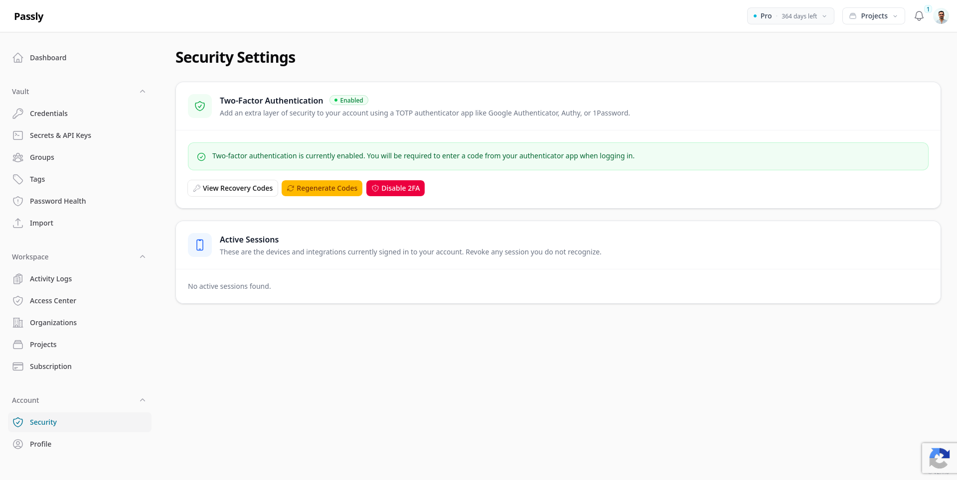 API keys screen for storing and sharing developer secrets.